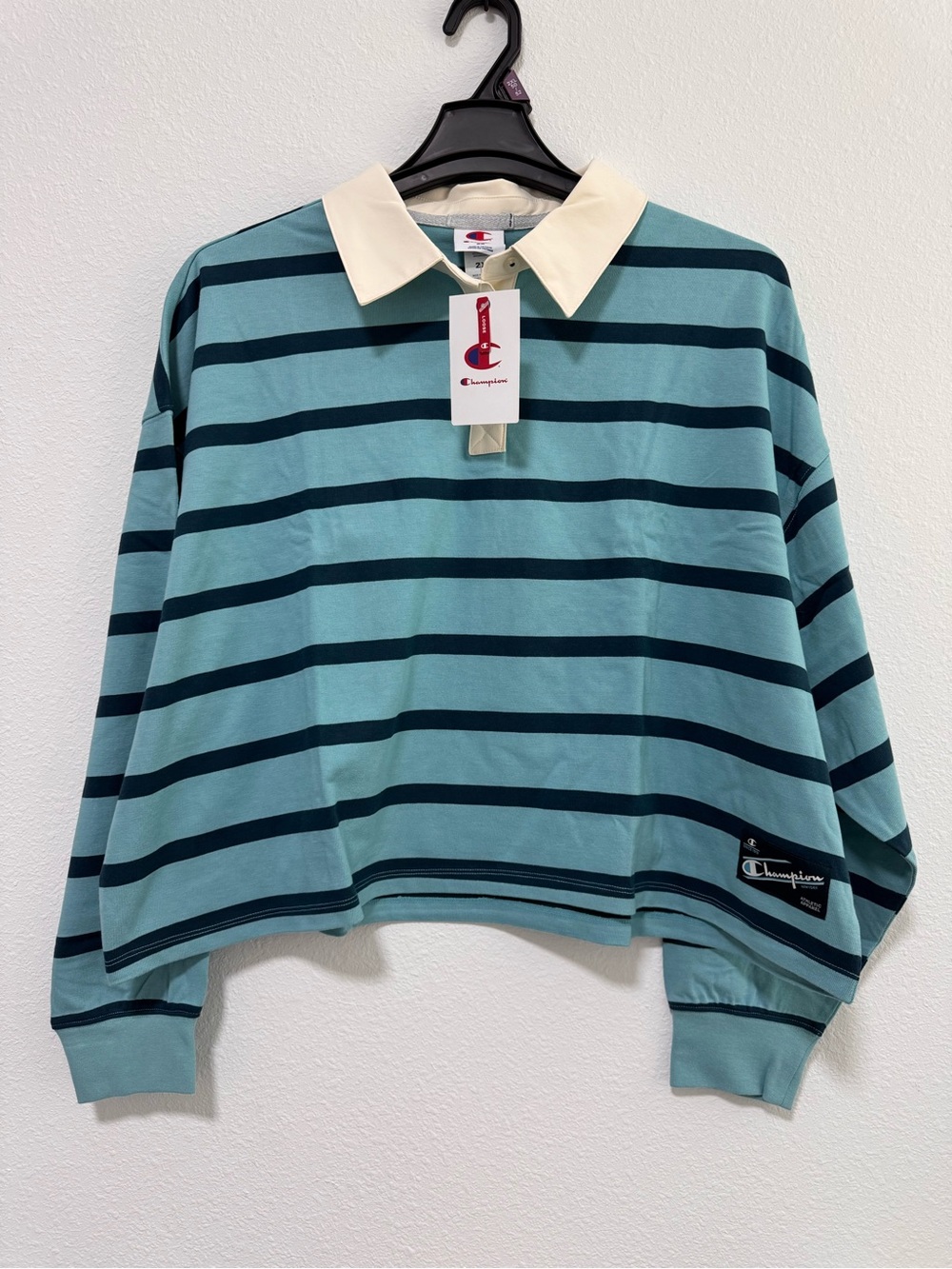 Champion Teal and Navy Striped Crewneck Rugby Sweater with Cream Collar